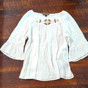 Zac & Rachel Beaded Blouse White Bell Sleeve Scoop Neck Top Size L-Good conditio
